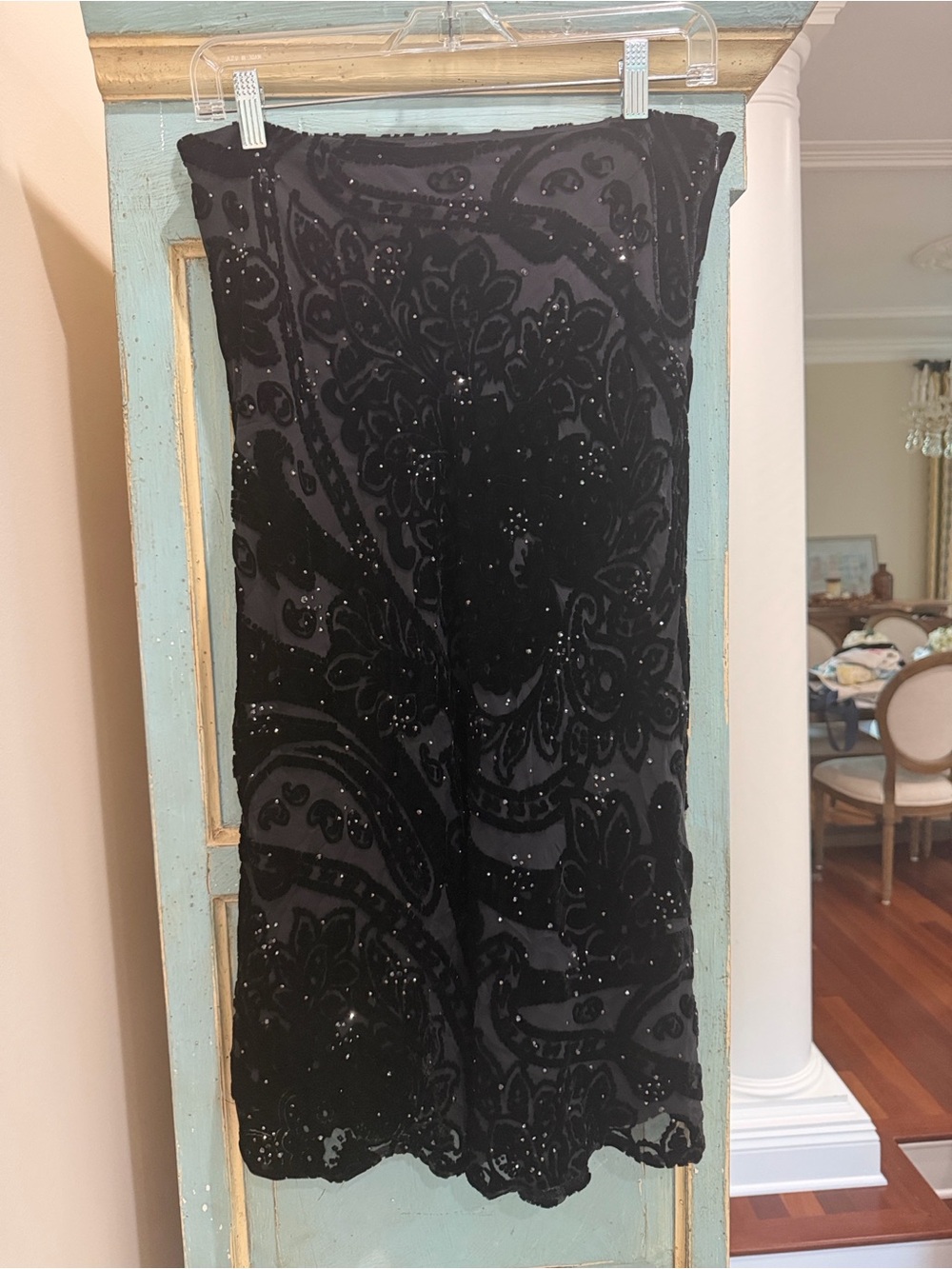 Lafayette 148 Black Silk Velvet Burnout Beaded Paisley Midi Skirt Whimsigoth 12P